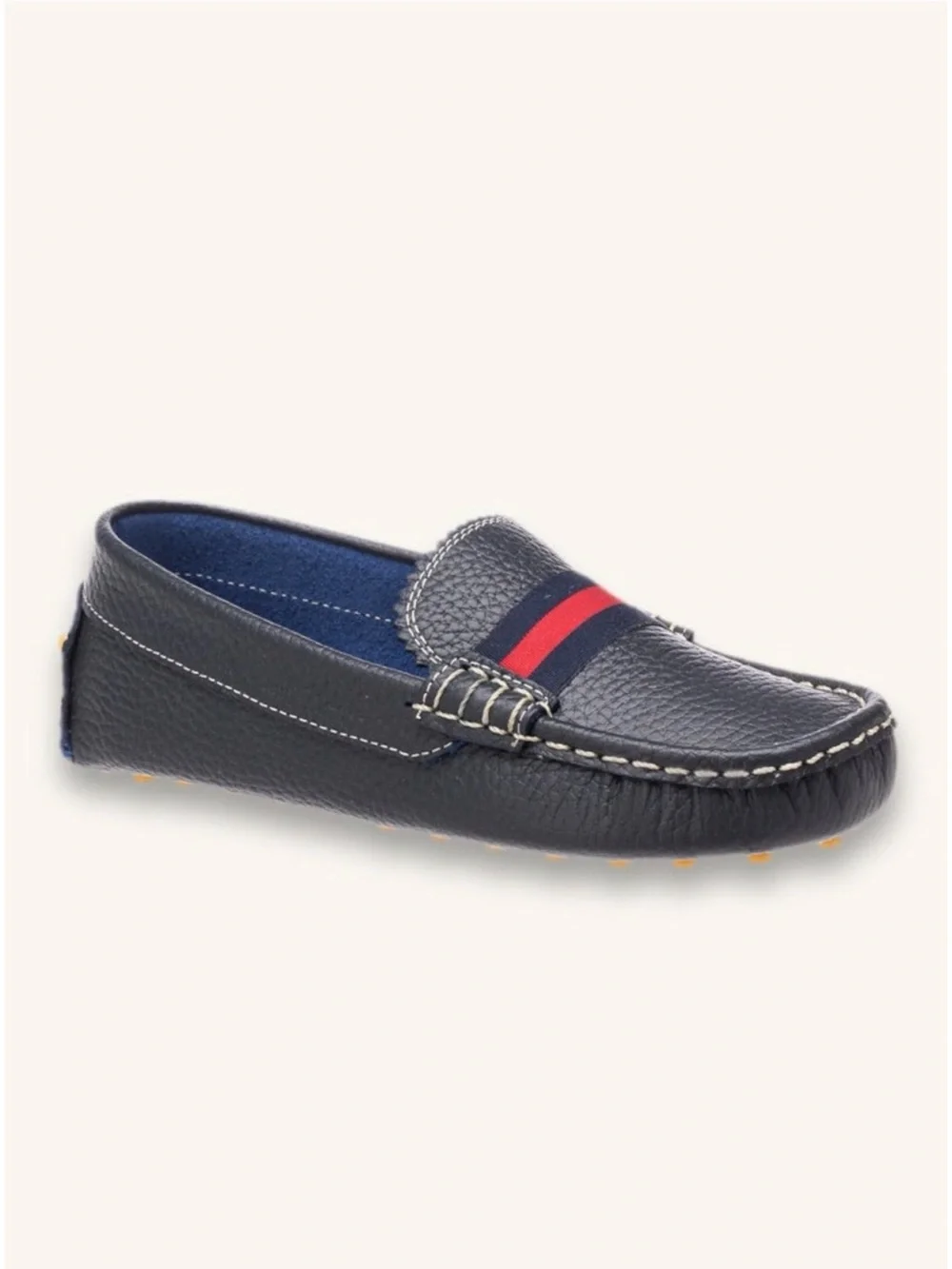 Kids Navy Leather Slip-On Loafers with Red Stripe